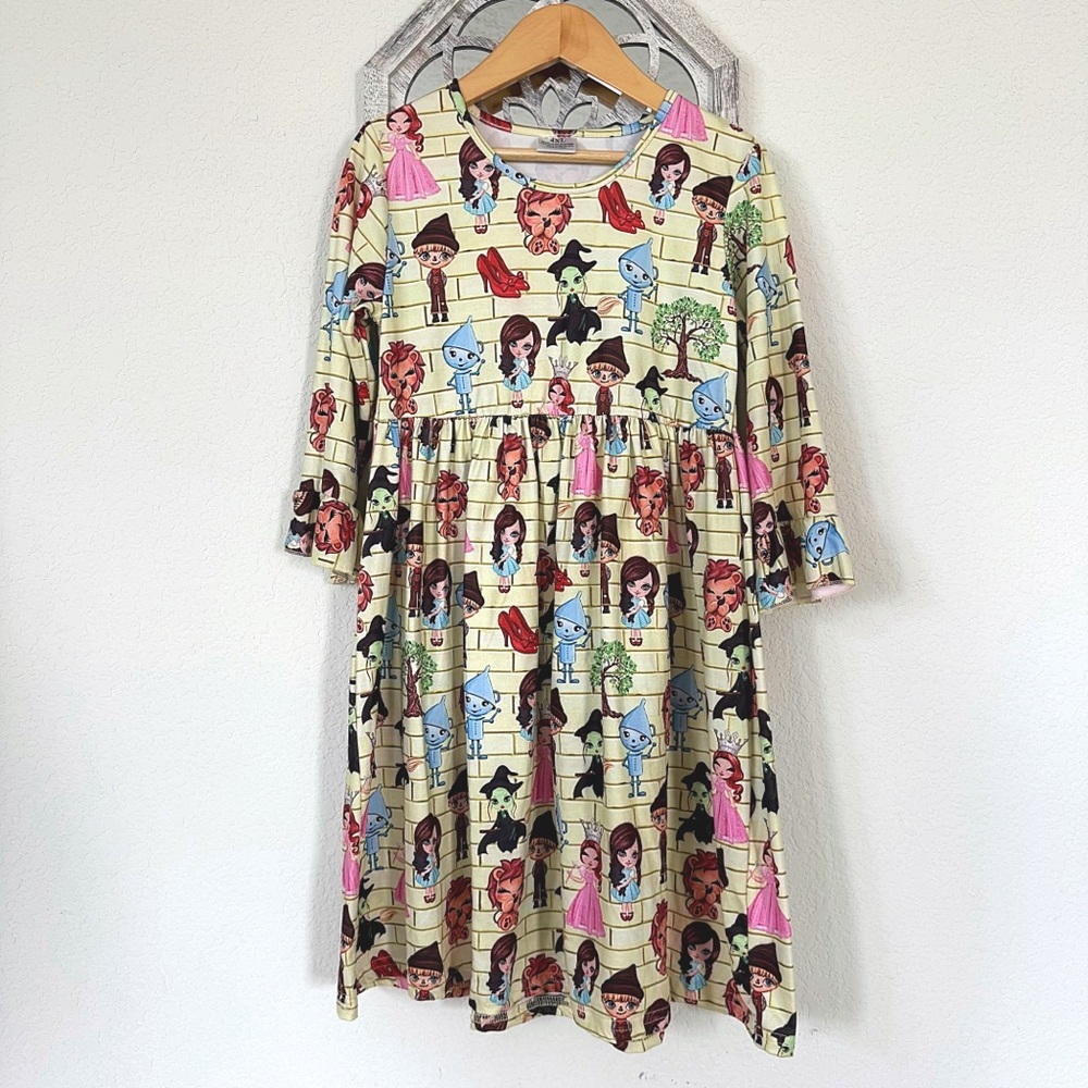 Wizard of Oz Character Montage Yellow Brick Road Soft Ruffle Sleeve Twirl Dress